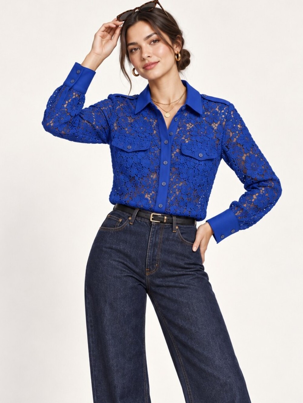 Banana Republic M Cobalt Blue Floral Lace Button Down Blouse Military Sheer